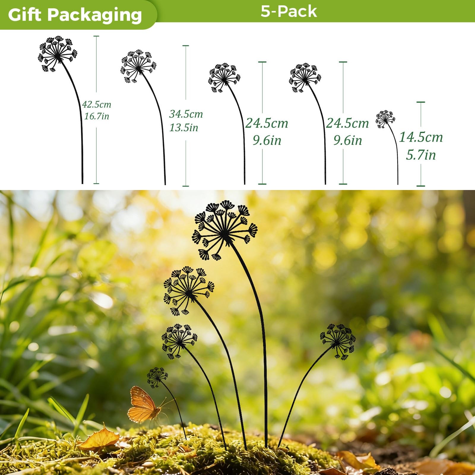 Black Dandelion Garden Stakes 5 Pack Metal Yard Art Outdoor Decor Lawn Planters