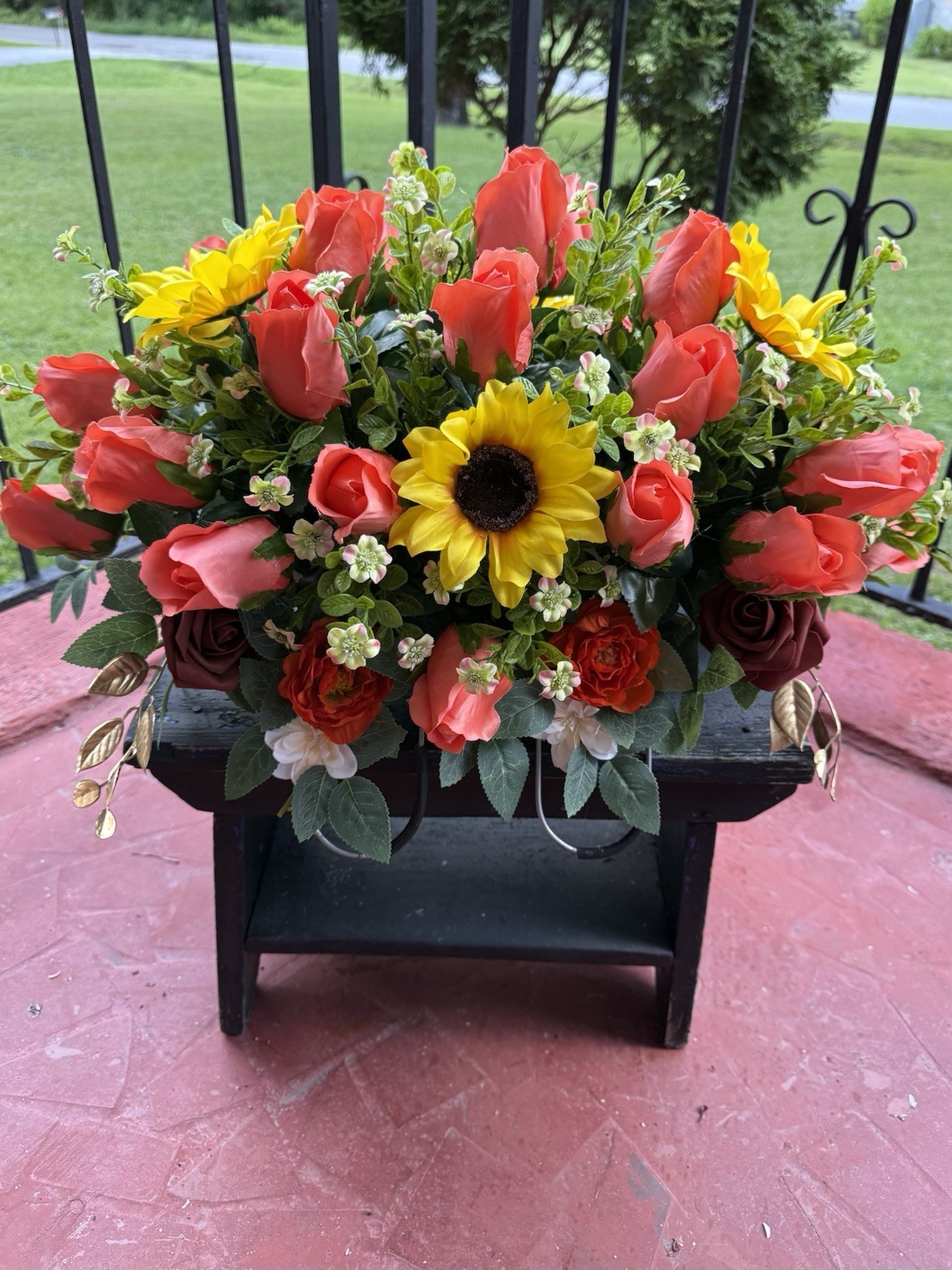 Cemetery Memorial Headstone Saddle Silk Flower Arrangement Tangerine