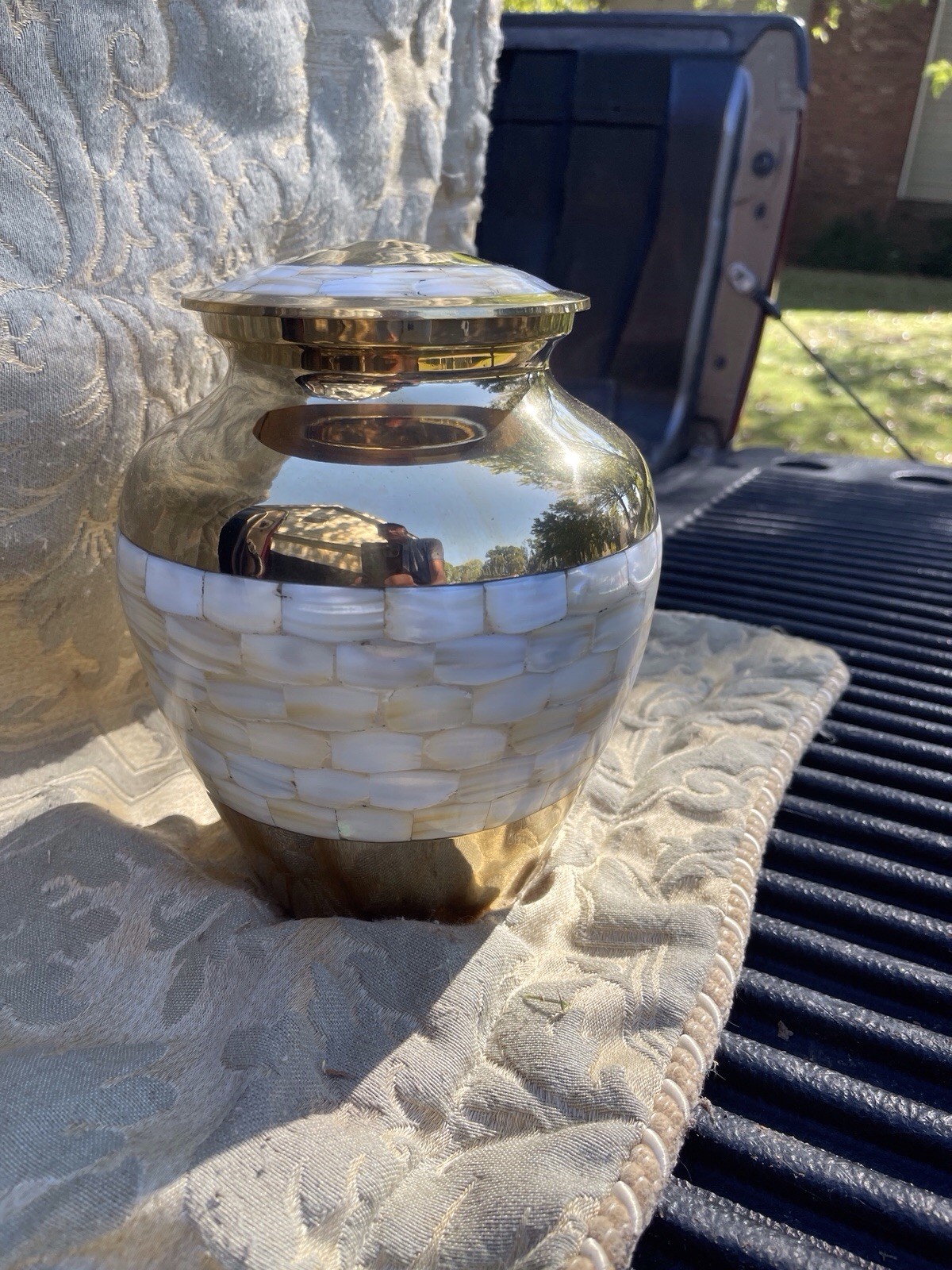 Brass Large Mother of Pearl Inlay Cremation Urn for Ashes