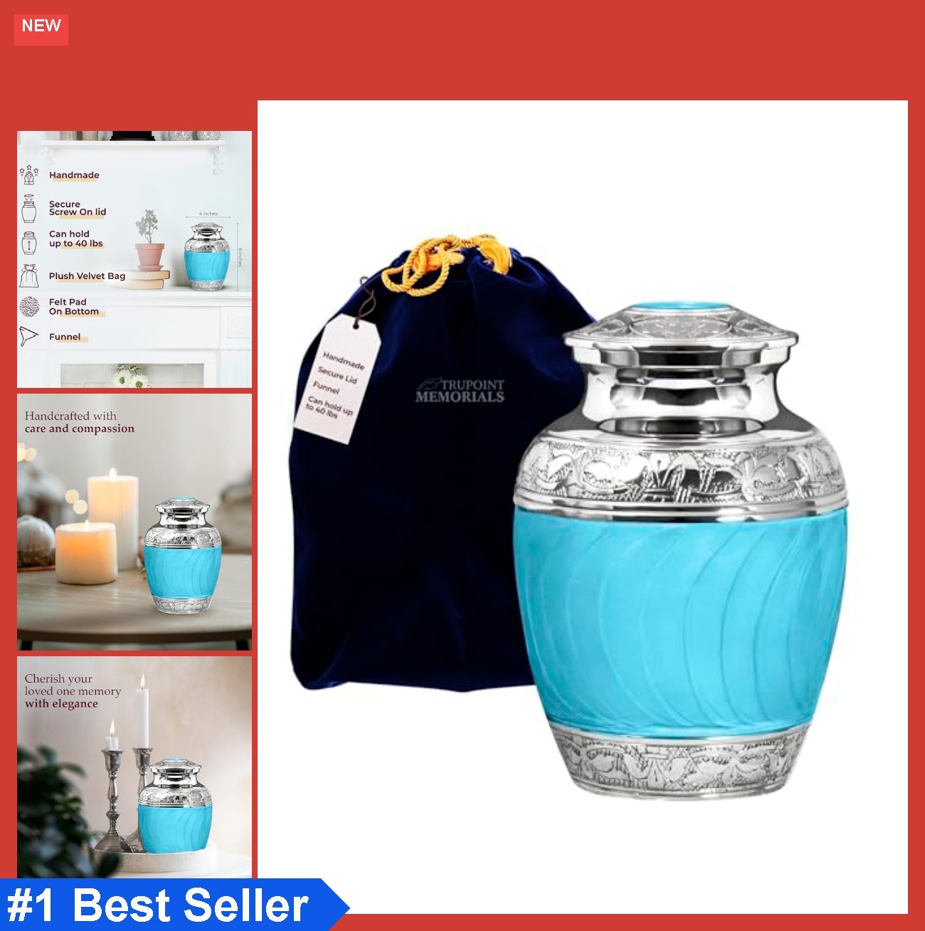 Cremation Urn Human Ashes 40lb Capacity 6 Inch Light Blue Handcrafted