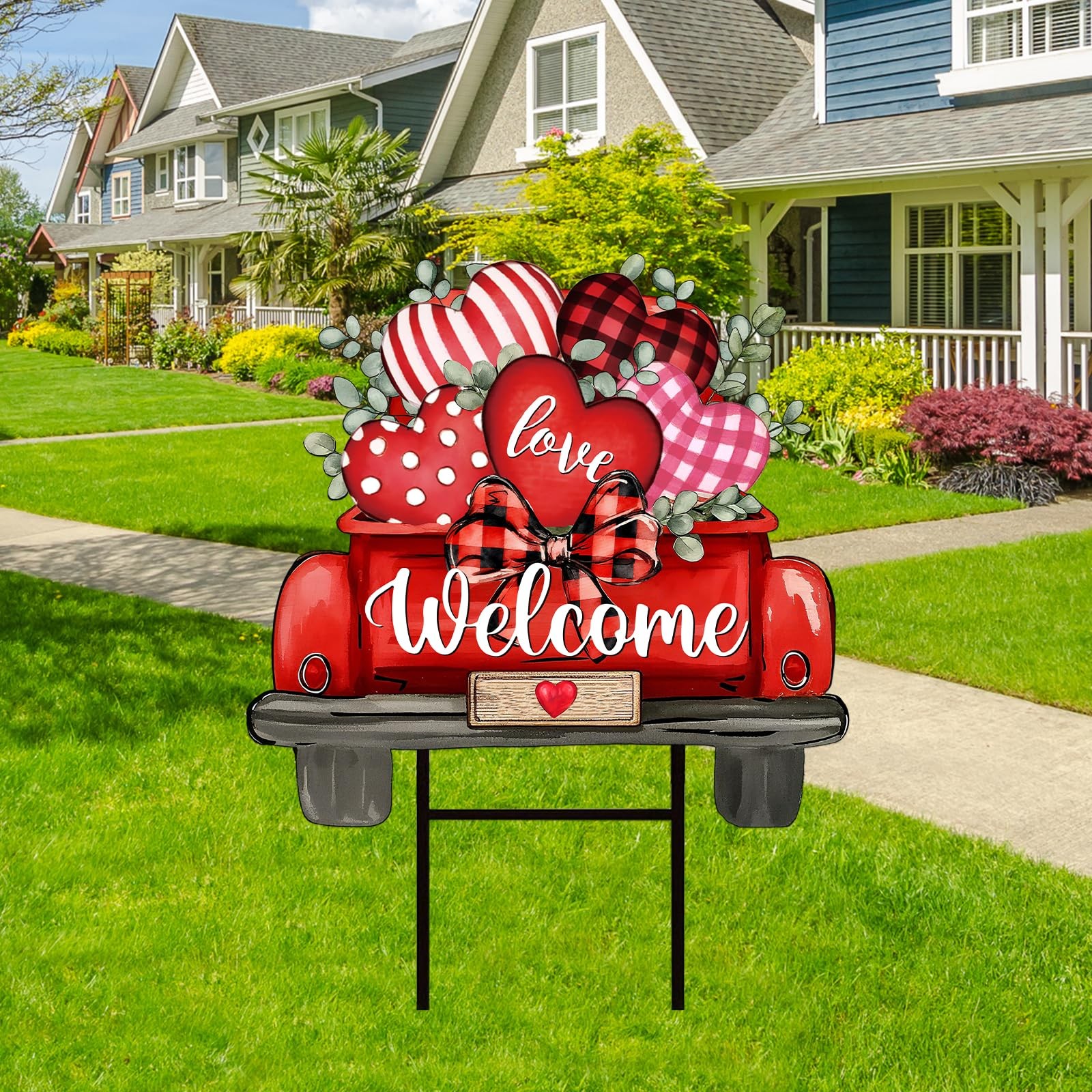 Valentines Day Metal Garden Stake Welcome Yard Sign Red Heart Truck Decor