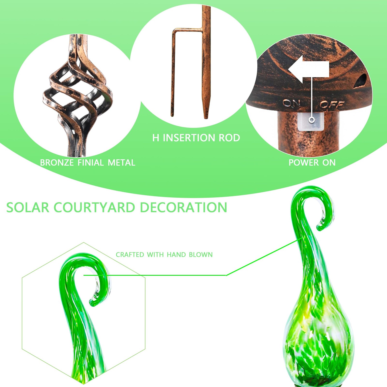 “Solar Garden Lights Decorative LED Spiral Stake with Hand Blown Glass 36””