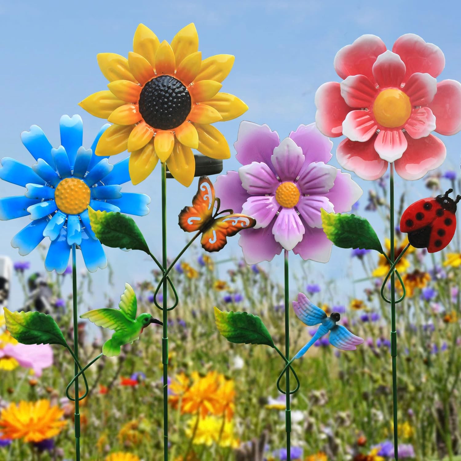 Outdoor Solar Garden Stake Lights, 4-Pack Waterproof Metal Art Flowers