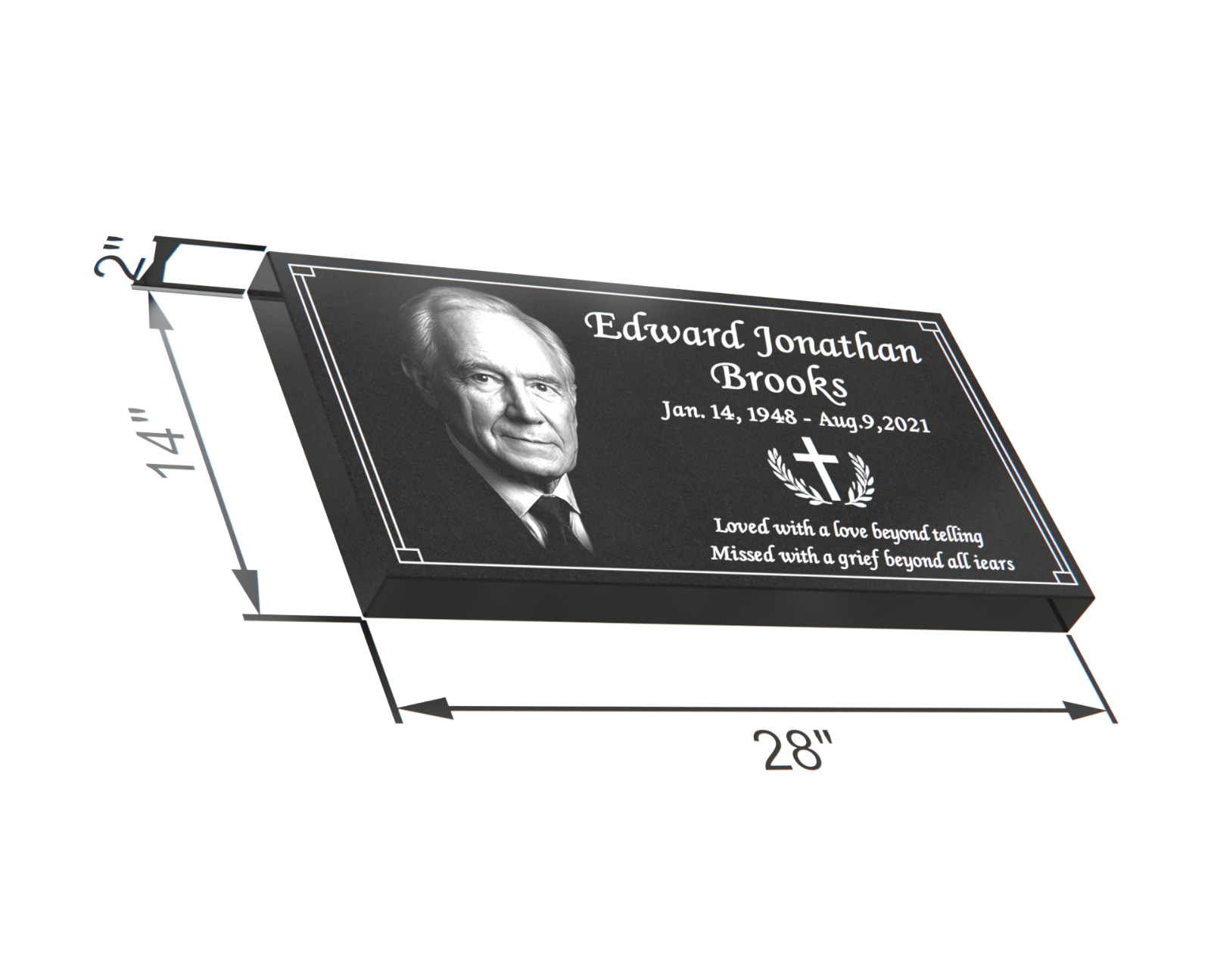 Custom Black Granite Headstone 28x14x2 – Portrait Memorial with Cross