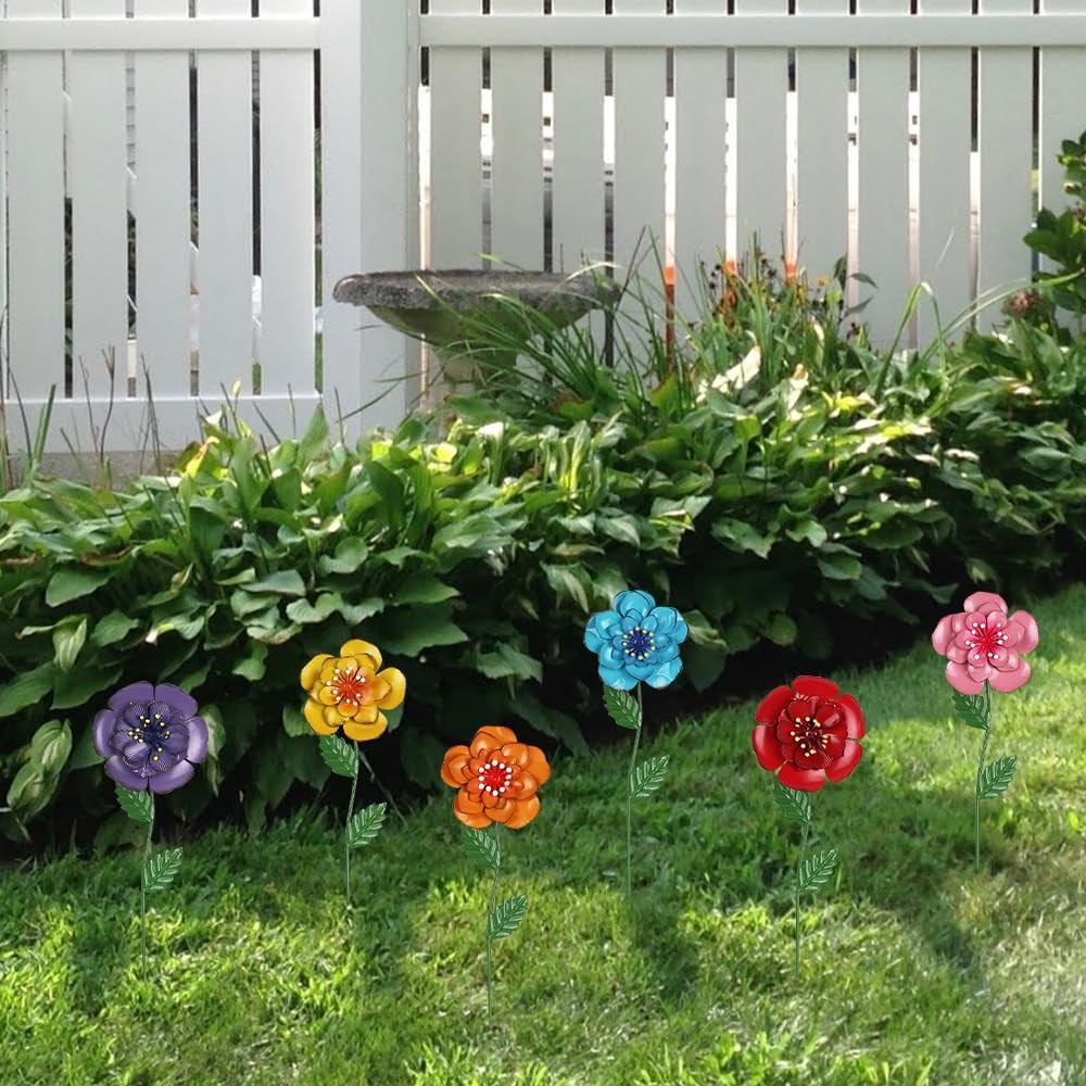 Garden Decor for Outside, Set of 6 Metal Flowers Decorative Garden Stakes for Sp