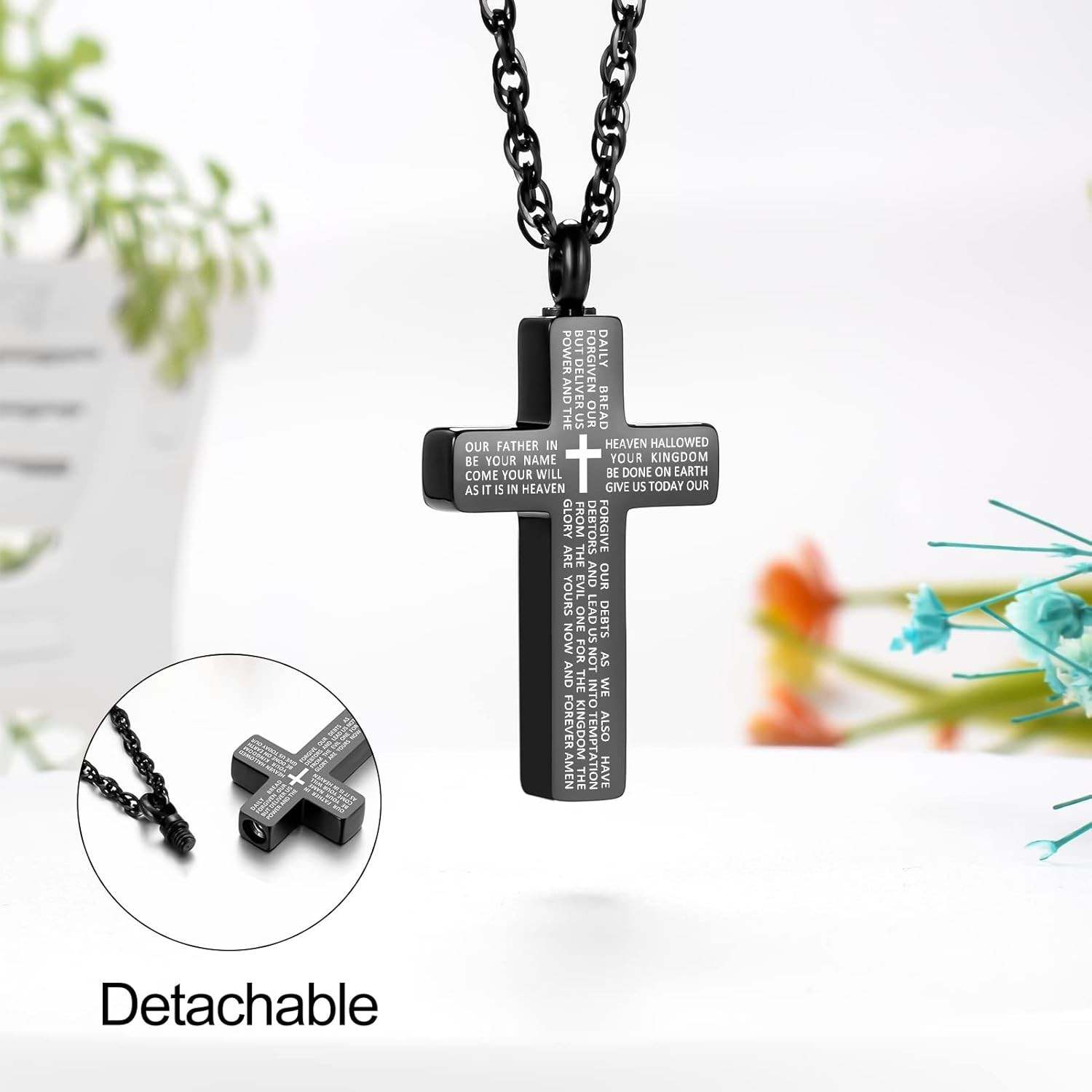Cremation Cross Urn Necklace for Ashes Memorial Lords Prayer Jewelry Men Women