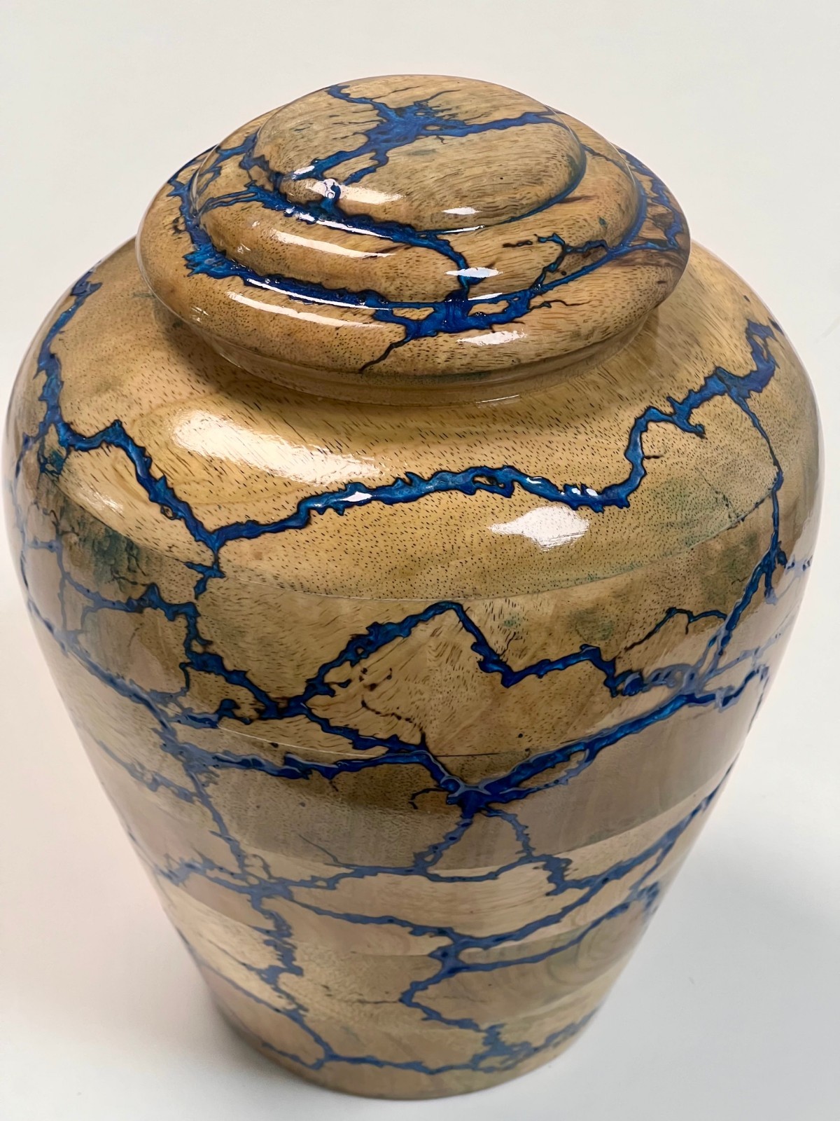 Handcrafted Wood Cremation Urn Blue Resin Adult Funeral Memorial Ashes 10″