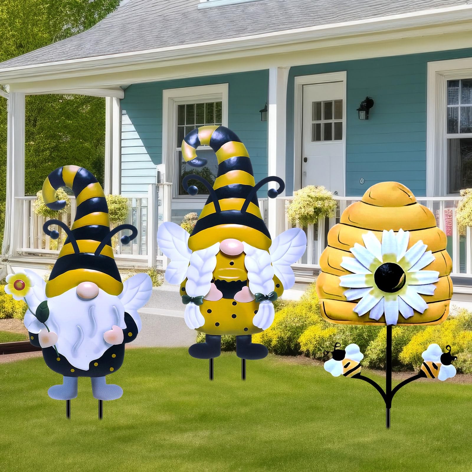 3 Pcs Bee Metal Gnomes Stakes 25.4” Decorative Garden Stakes Spring Yard Gno…