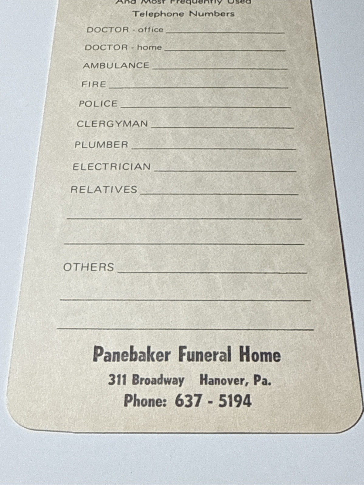 PANEBAKER FUNERAL HOME Advertising Calendar Hanover PA Emergency Numbers 1982