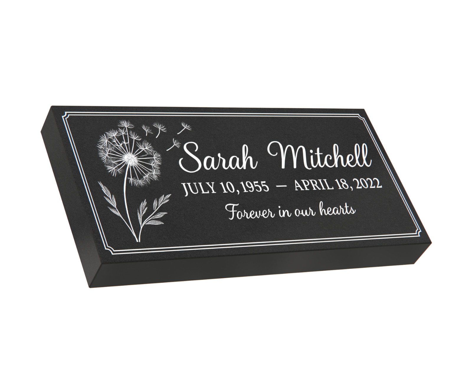 Custom Black Granite Headstone 28x14x3 – Dandelion Design