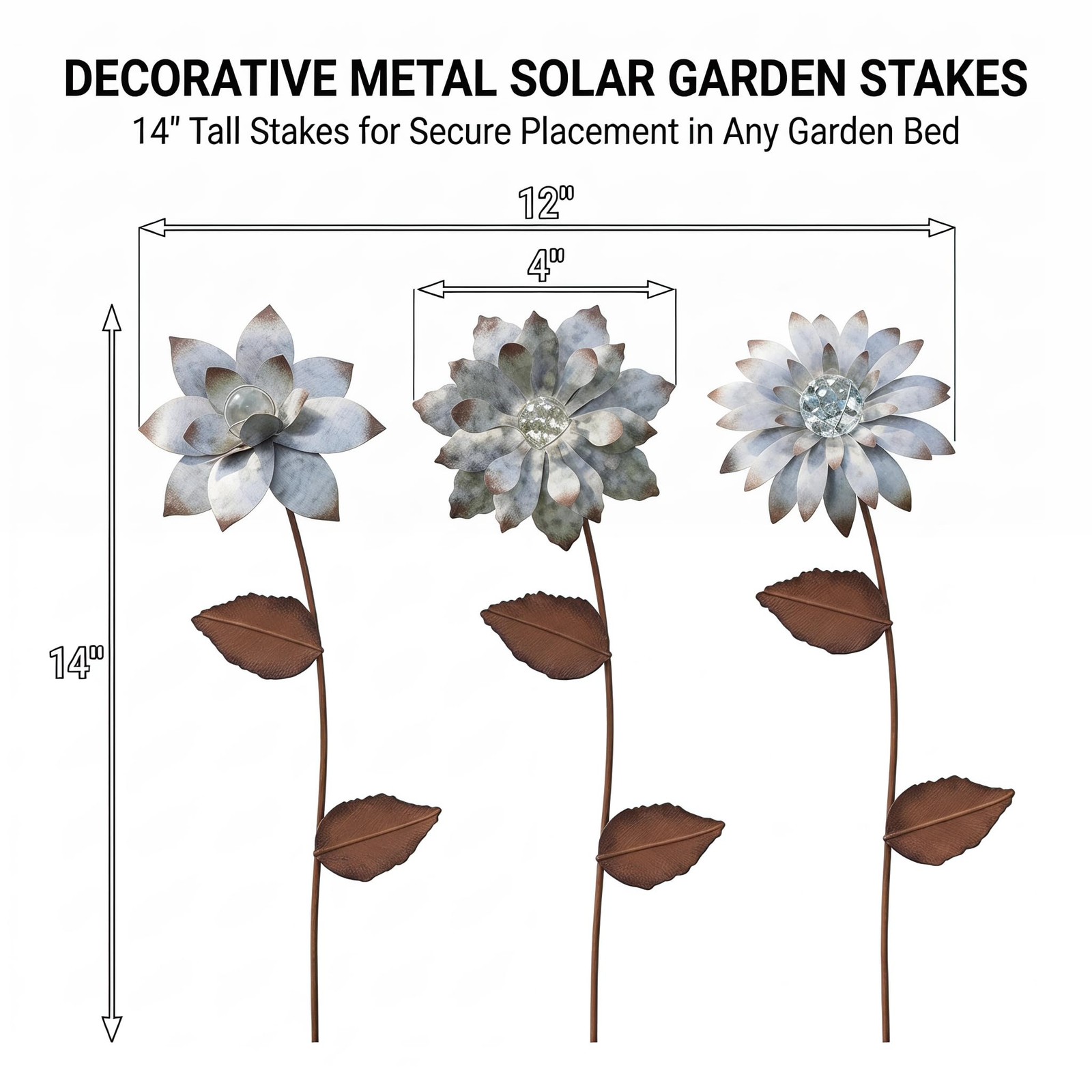 Topadorn 3-Pack Metal Flower Solar Garden Stakes – Waterproof Rust-Proof Glow…