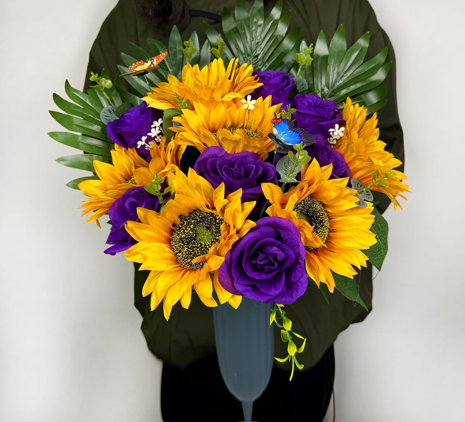 Vibrant Silk Sunflower & Rose Grave Saddle with 2 Bouquets – Purple/Yellow
