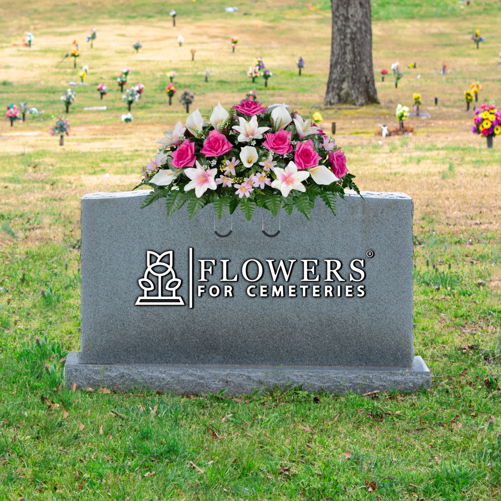 Artificial Headstone Saddle – Beauty Pink Roses, White Calla Lily and Lilies