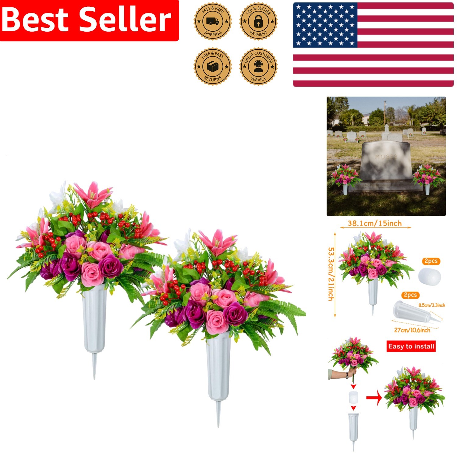 Cemetery Flowers Memorial Set 2 Rose Lily Vases – Outdoor Grave Headstone Decor