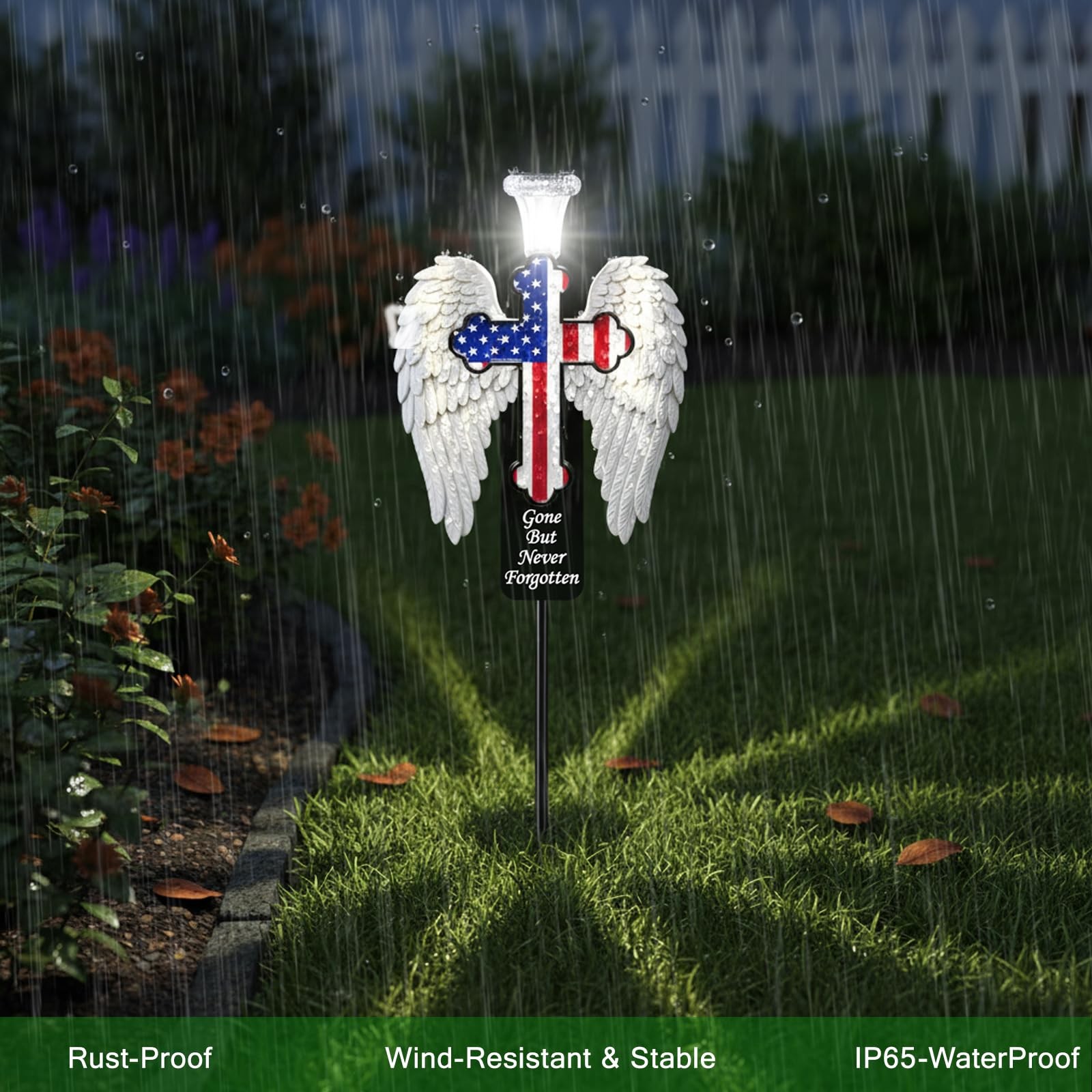 Solar Memorial Cross with Angel Wings LED Grave Marker for Cemetery Decor