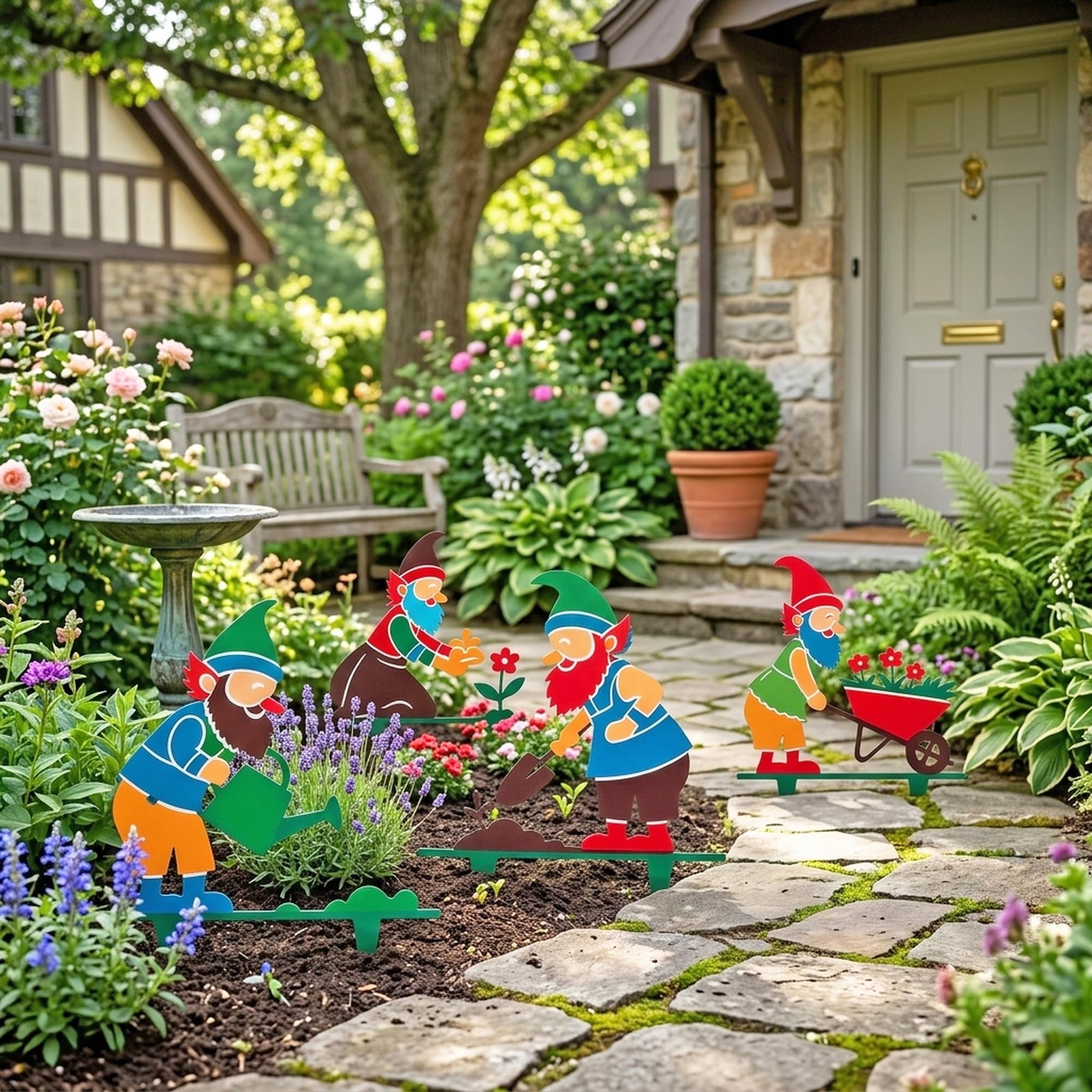 GyovinnJuwanua Funny Metal Gnome Garden Stakes 4Pcs Colorful Printed Lawn De…