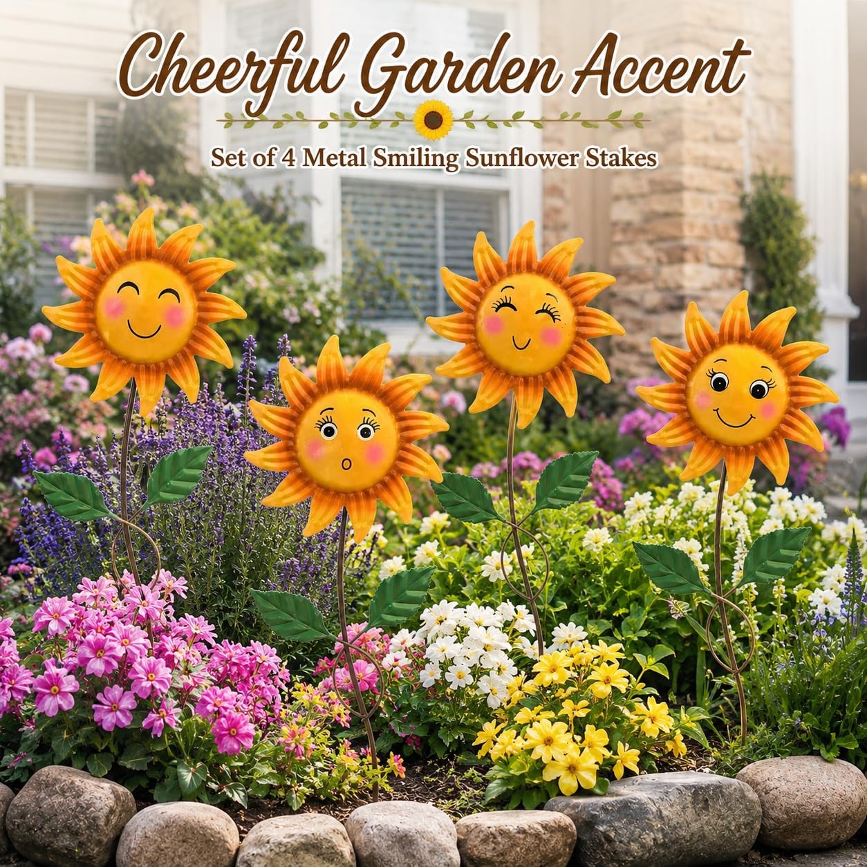 4 Pack Smiley Sunflower Decorative Garden Stakes, 20.5 Inch Metal Flower Gard…