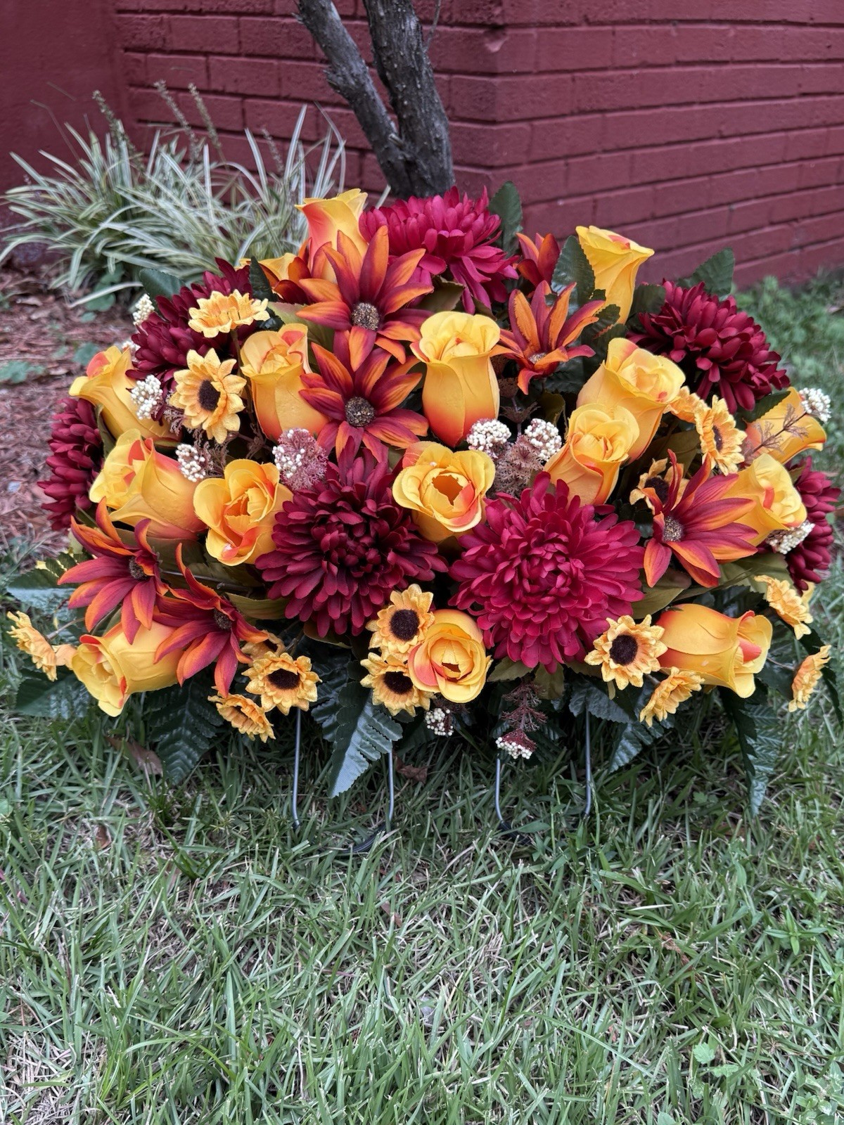 Cemetery Memorial Headstone Saddle Silk Flower Burgundy, Dark Pink & Yellow