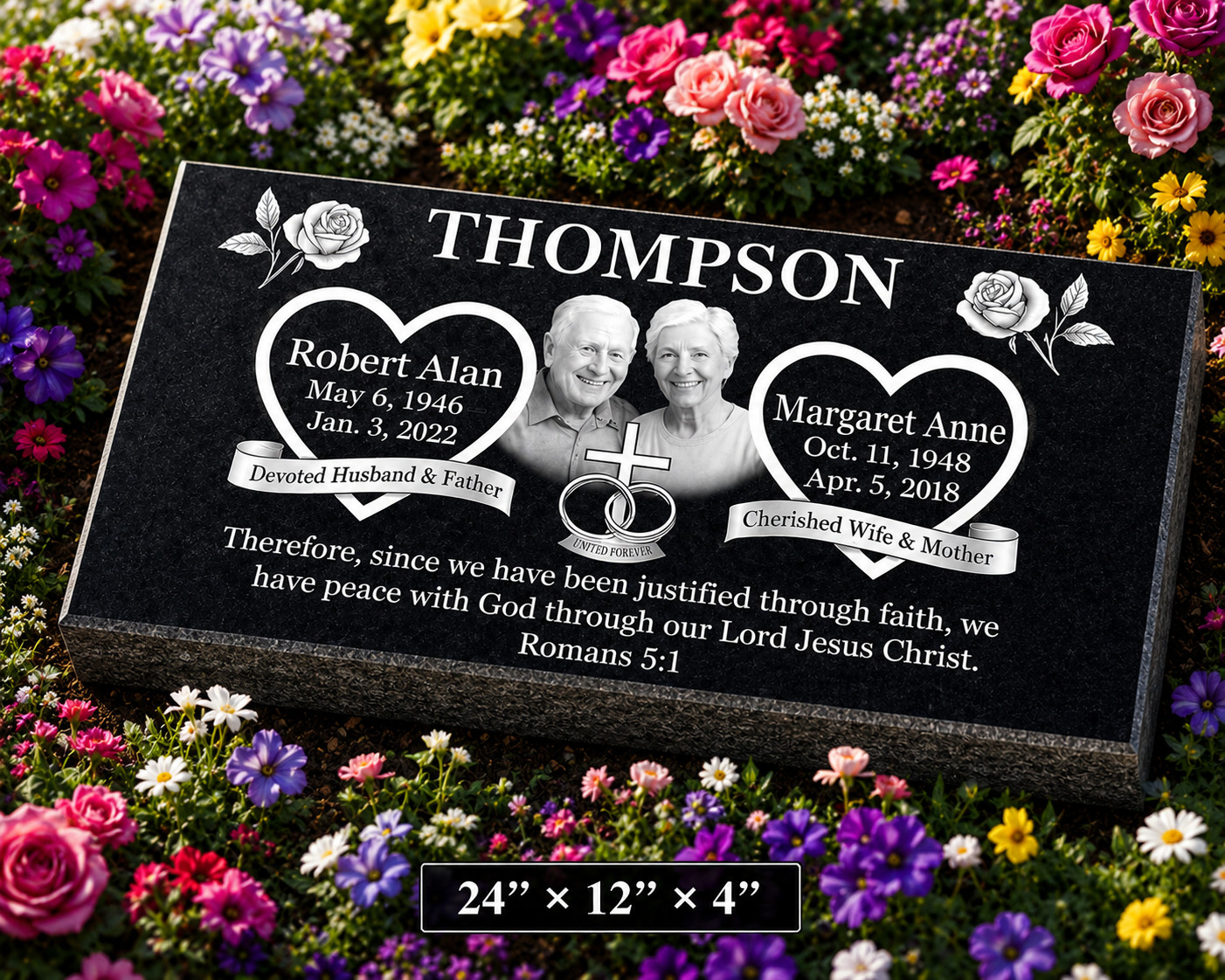 Custom Black Granite Companion Grave Marker Double Portrait Memorial