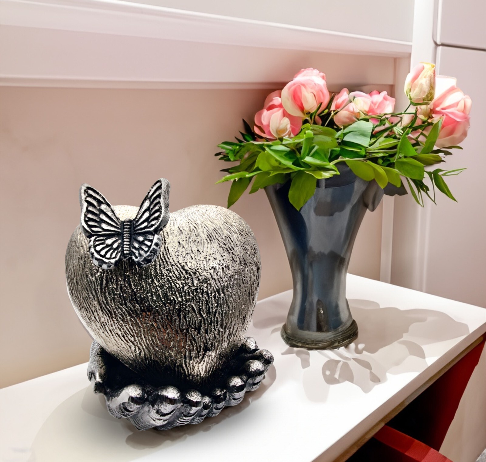 CHROME Cremation Heart Urn with Butterfly for Ashes with Hand Shape Stand