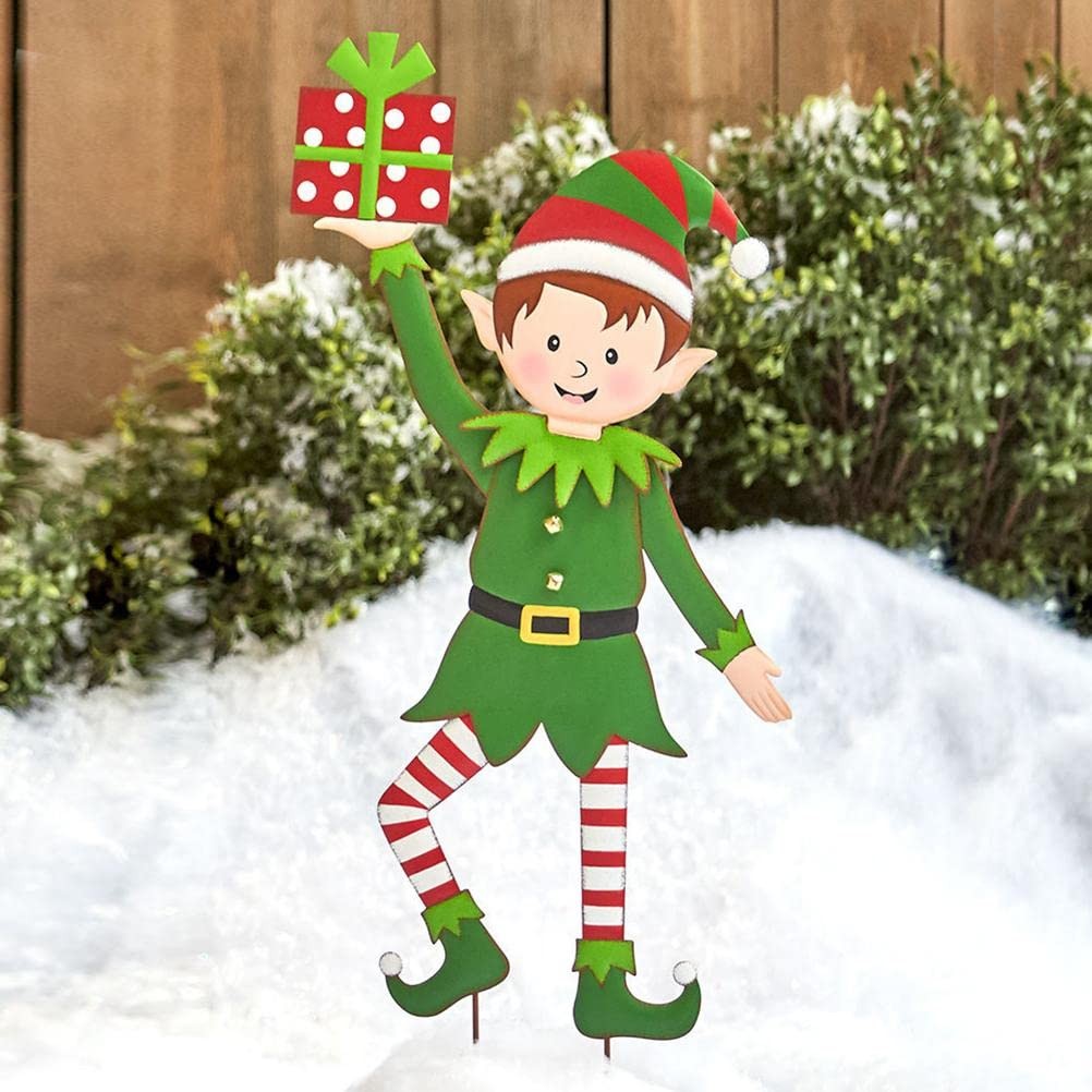Christmas Elf Garden Stake – Holiday Yard Decoration – Christmas Metal Gnome …