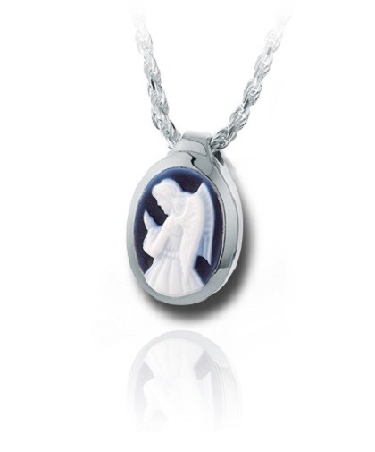 Sterling Silver & Blue Agate Angel Cameo Funeral Cremation Urn Pendant