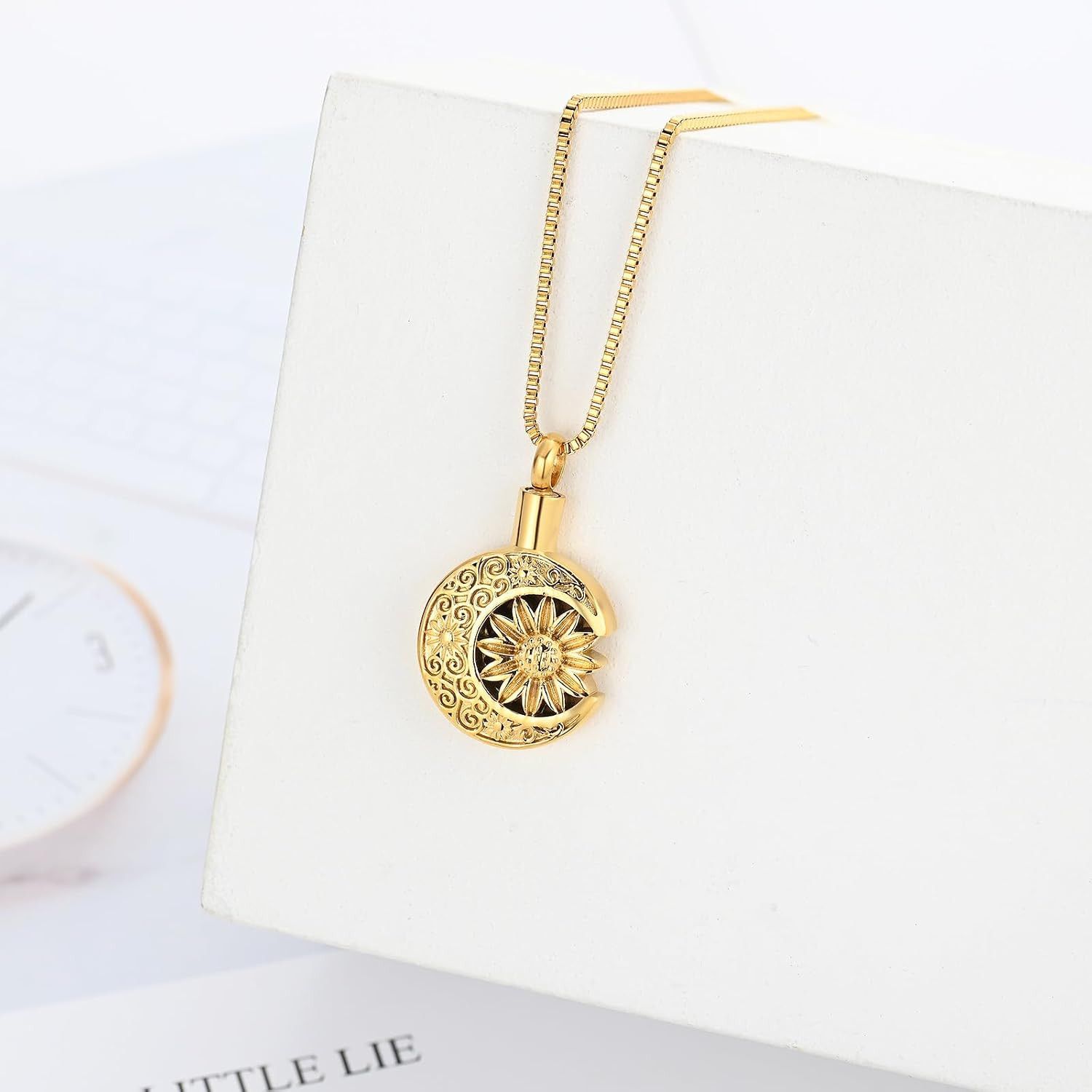 Sunflower Moon Urn Necklace for Ashes Stainless Steel Funeral Cremation Jewelry