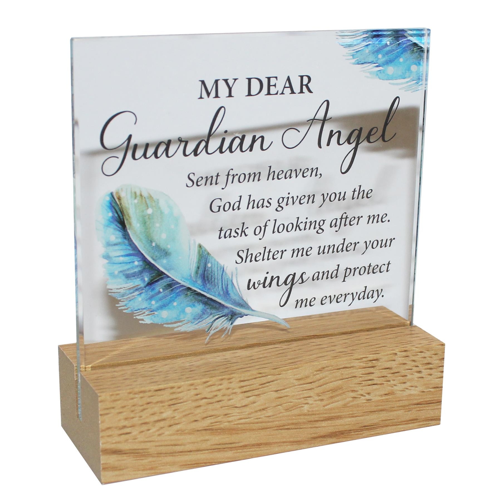 Memorial Glass Plaque on a Wooden Base – My Dear Guardian Angel