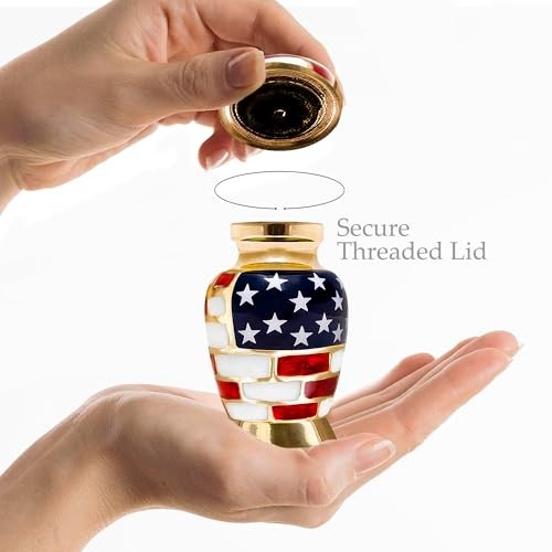 Small Cremation Urn for Ashes Keepsake Aluminum American Flag Screw Top Lid