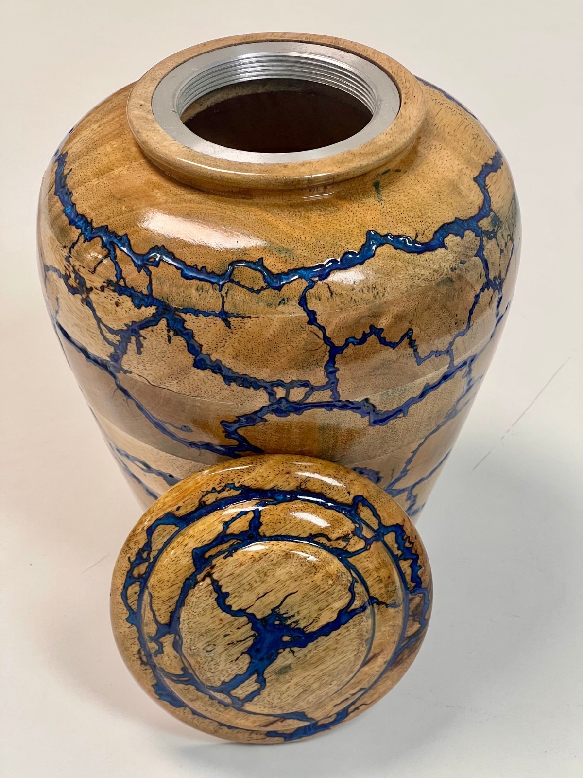 Handcrafted Wood Cremation Urn Blue Resin Adult Funeral Memorial Ashes 10″