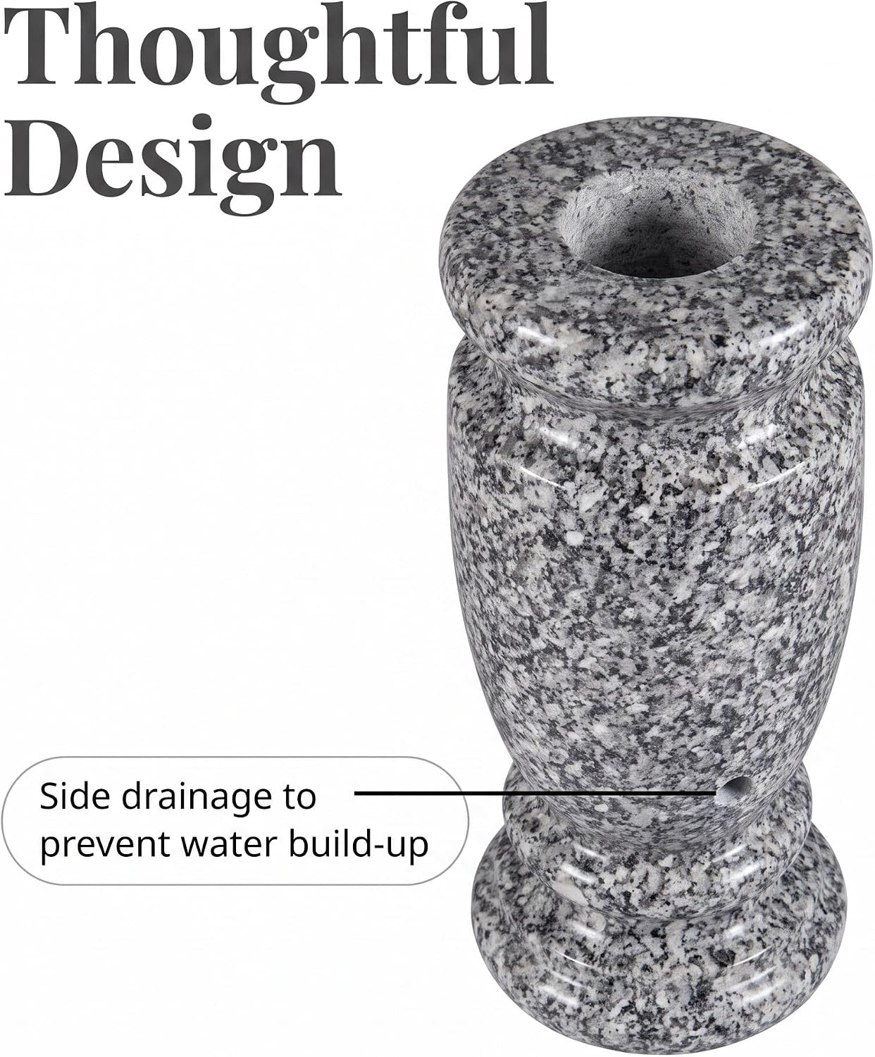 Gray Granite Cemetery Vase for Grave, 4.3″ W X 9.8″ H | Gray Granite, Side Drain
