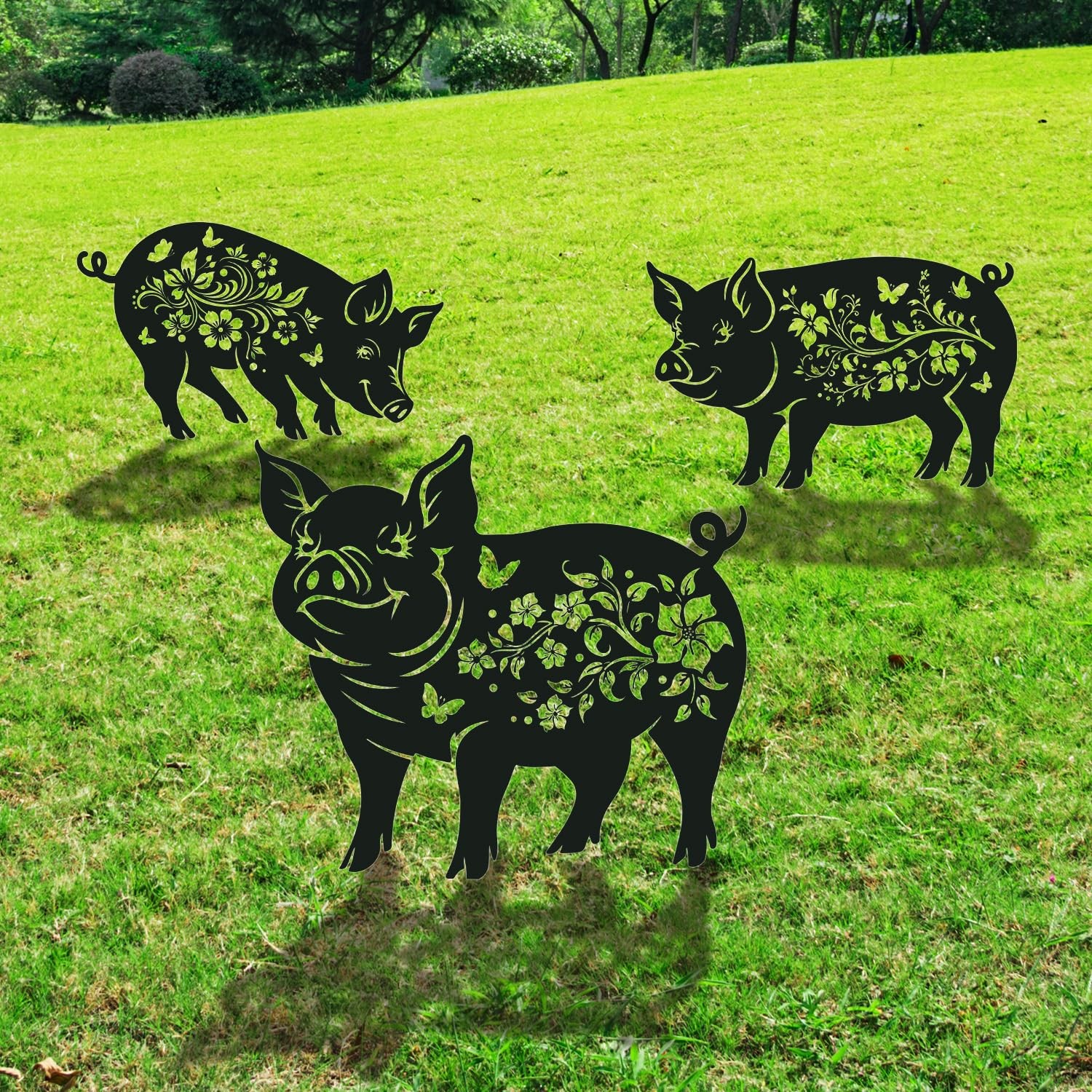 Pig Decorative Garden Stakes 3PCS Metal Statues Black Silhouette Yard Lawn