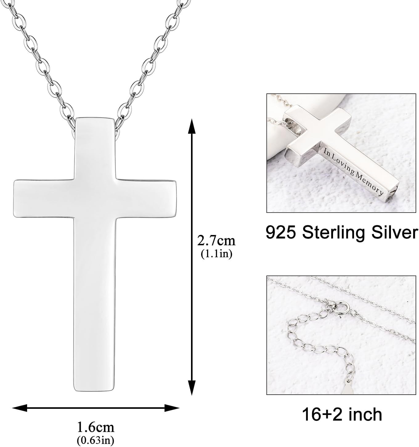 925 Sterling Silver Cremation Jewelry Memorial Cross Urn Necklace