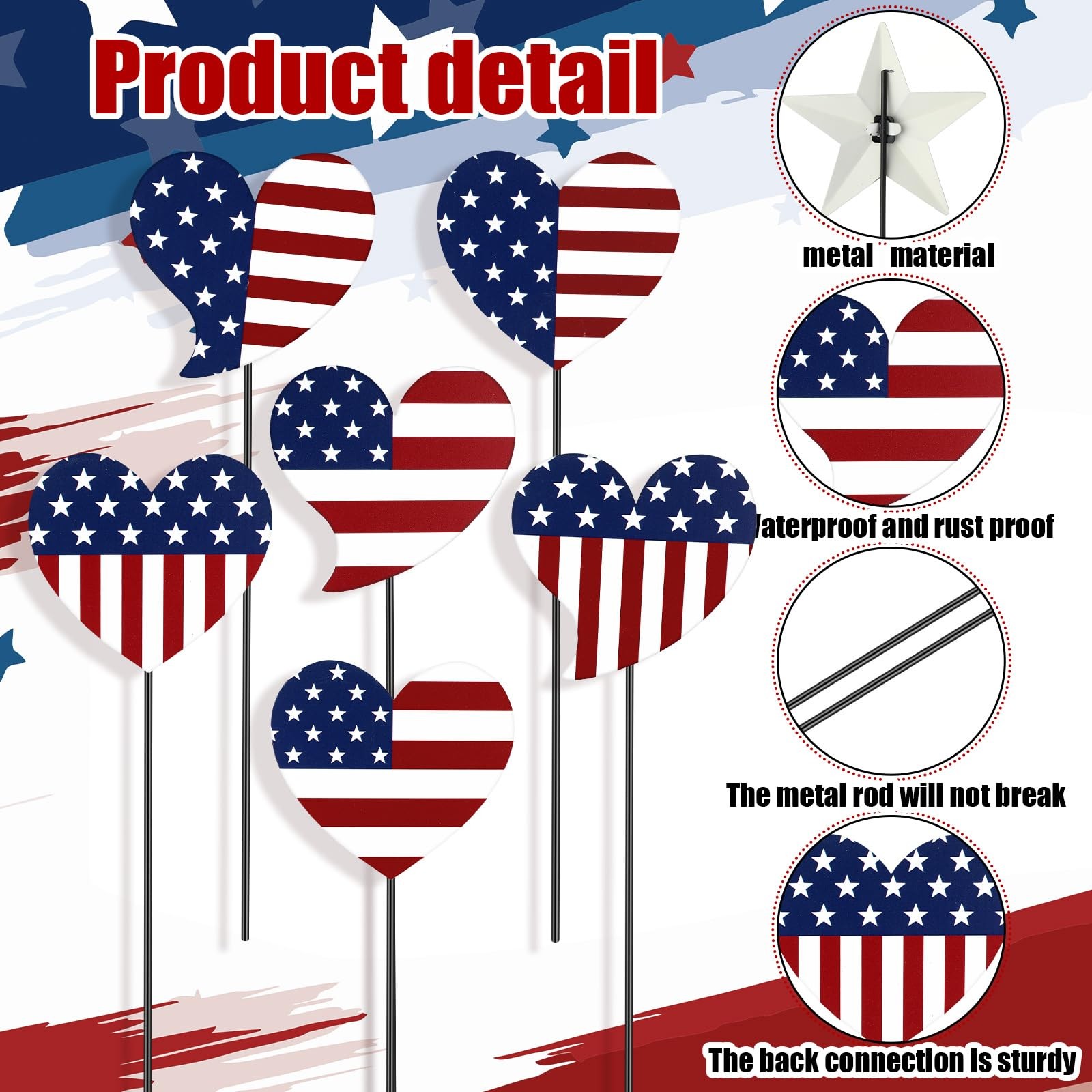 6 Pcs 12″ H Patriotic Yard Decor 4th of July Outdoor Decor Red White Blue Hea…
