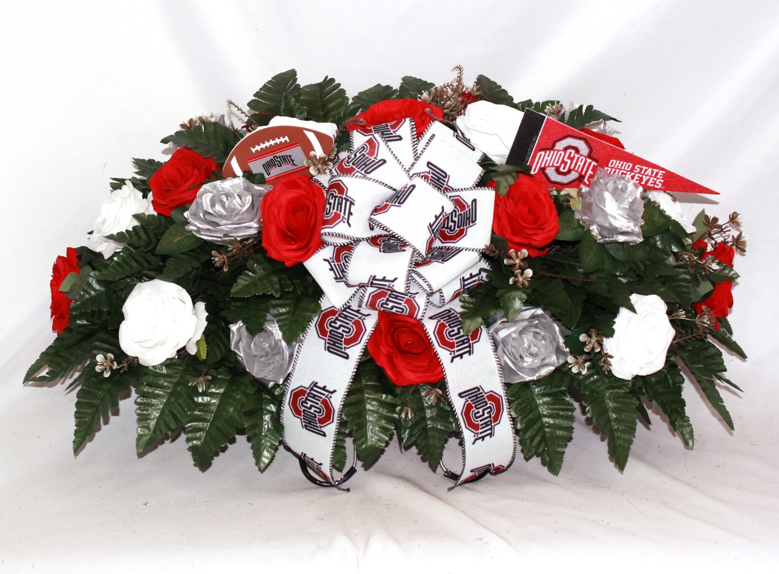 XL Handmade Ohio State Fan Cemetery Headstone Saddle Silk Flower Arrangement