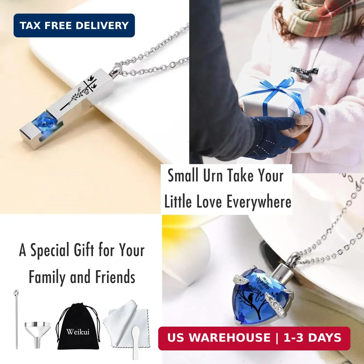 6PC Cremation Urn Necklace Set for Ashes Human Pet Memorial Keepsake Blue