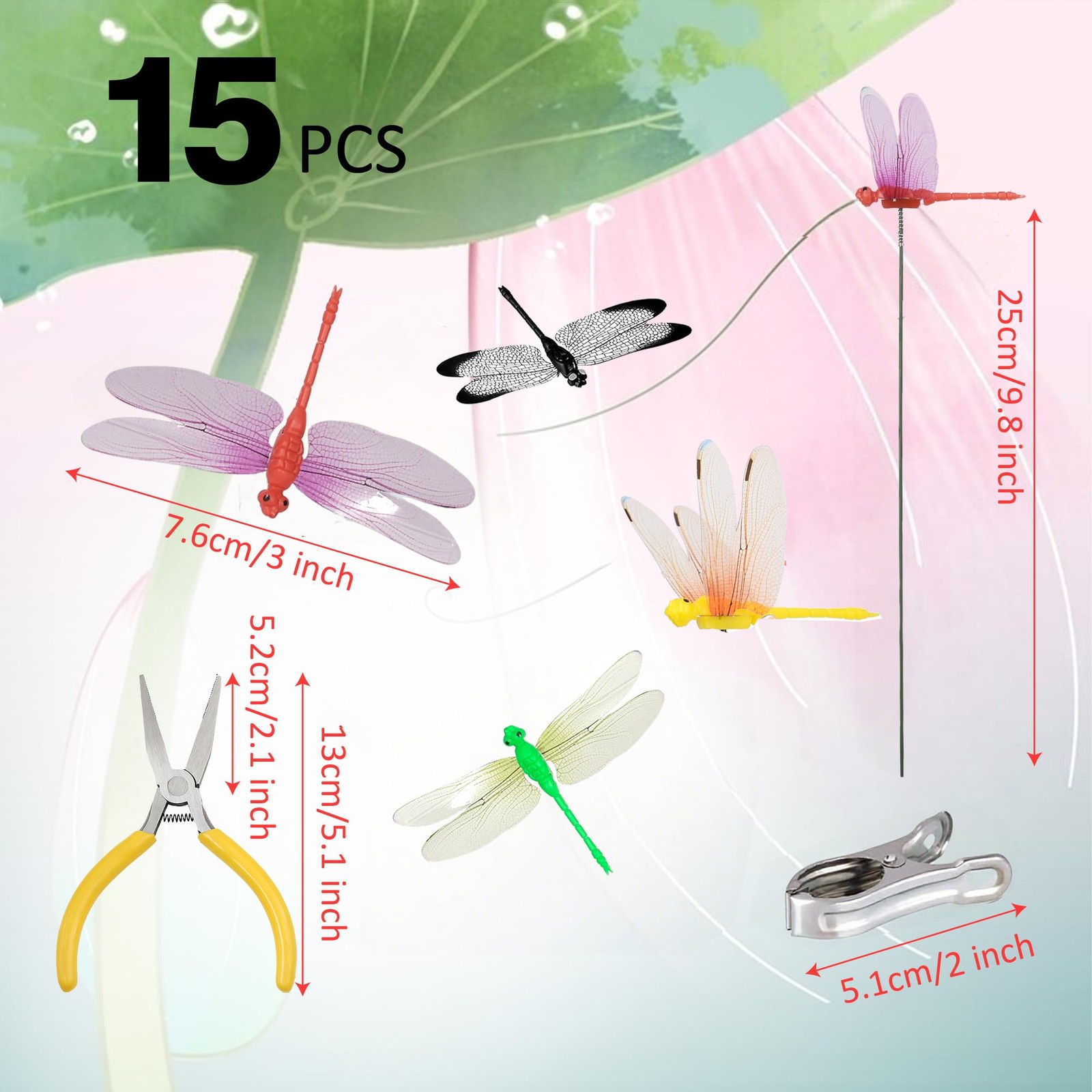 15 Pcs Dragonfly Garden Stakes with Clips, 3D Plastic Fake Dragonfly Garden S…