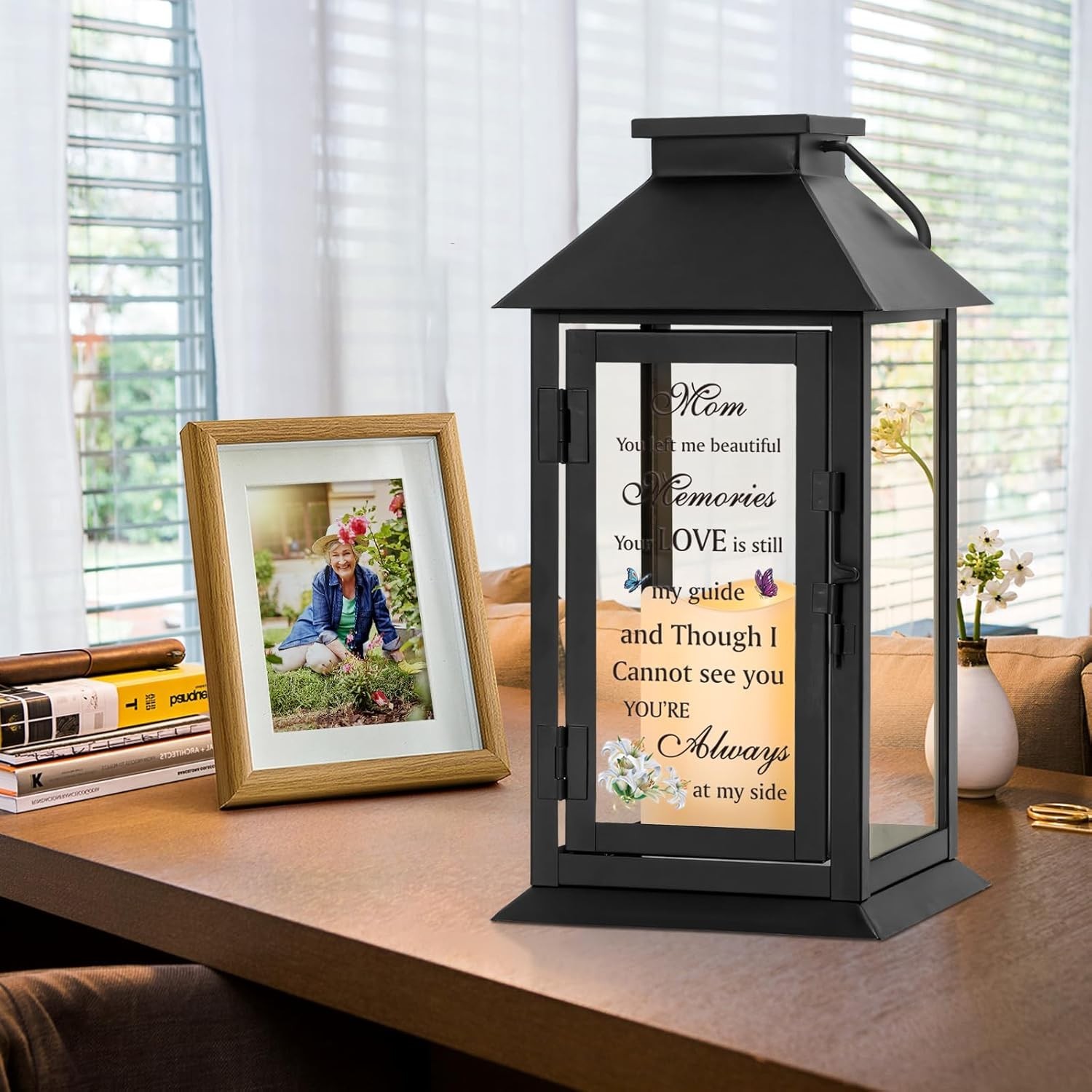 Elegant Memorial Lantern for Loss of Mother with Remote LED Candle – 14.2 Inches