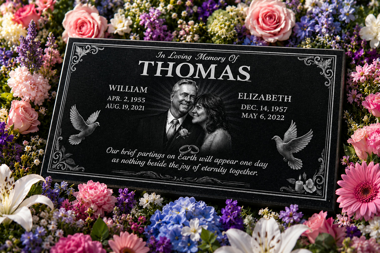 Custom Black Granite Grave Marker Portrait Memorial Headstone Doves