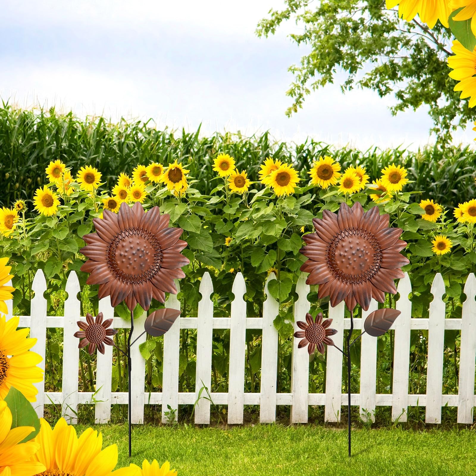 2 Pack Metal Sunflowers Outdoor Decor 22 Inch Vintage Rust Sunflower Decorati…