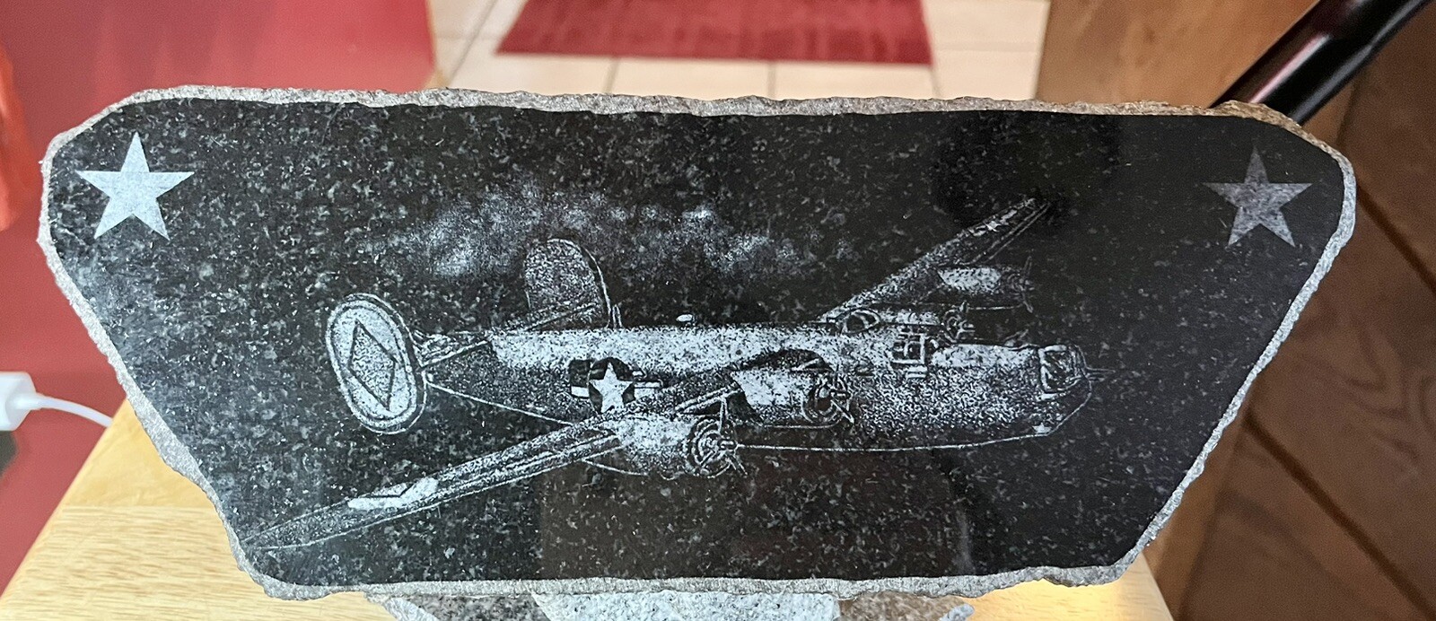 Granite Etched Memorial On Pedestal WWII Fighter Jet Stars Military Table Top