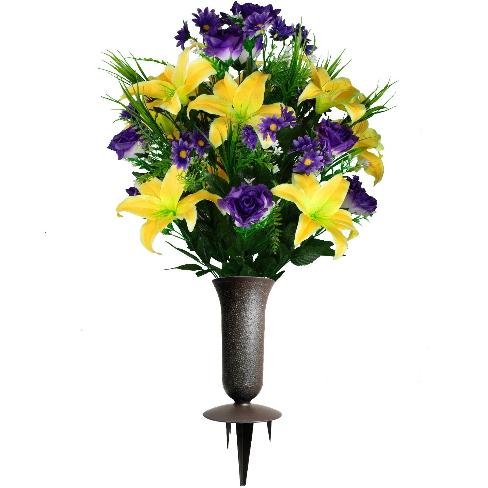 Artificial Cemetery Flowers- Yellow Lily with Purple Rose and Daisies with Vase