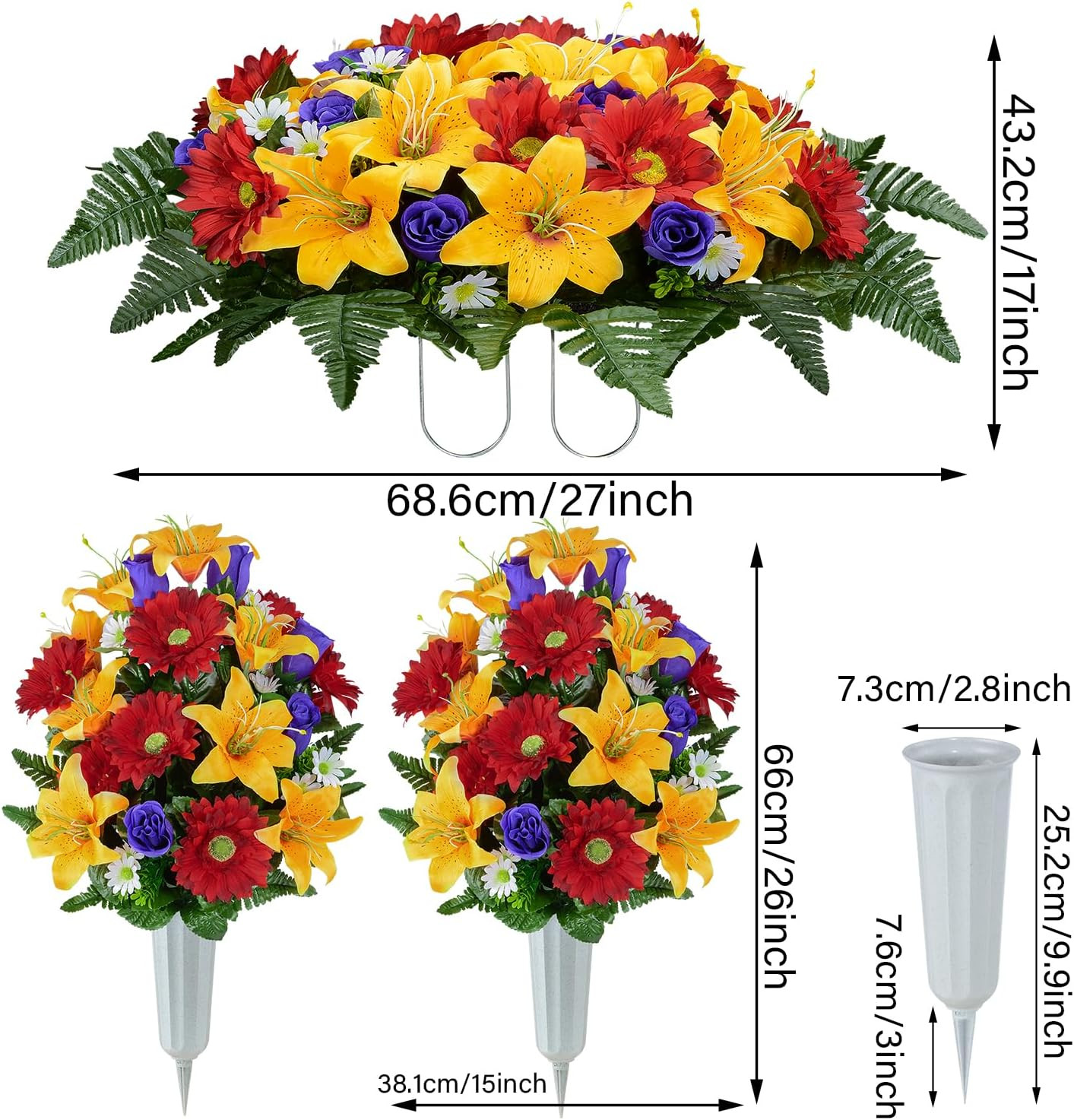 Artificial Cemetery Flower Saddles, Cemetery Memorial Flowers with Vase for Grav
