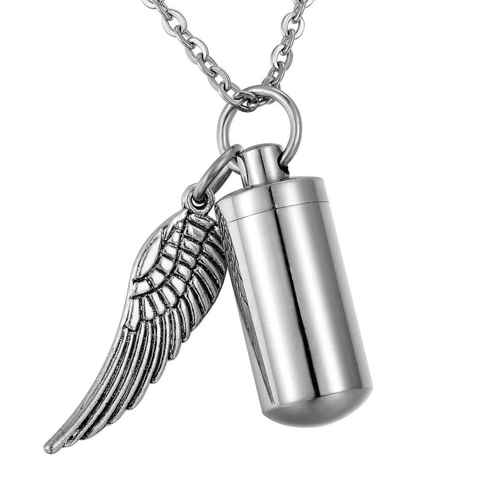 Angel Wings Ash Urn Necklace Memorial Urn Black, Silver, Gold