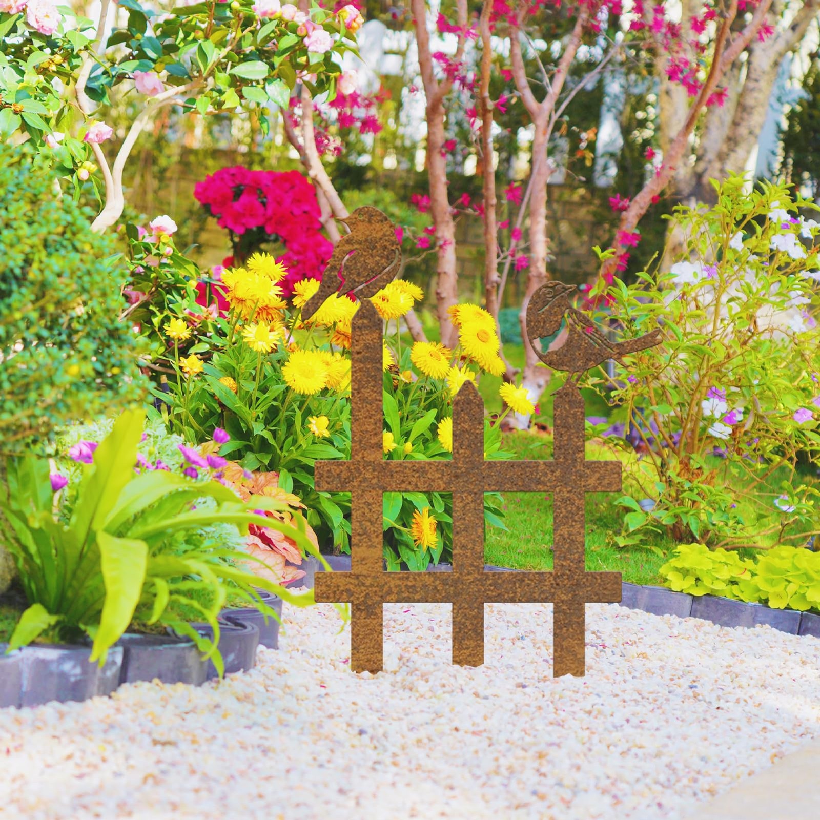 3 Pcs Small Garden Fence with 6 Pieces Birds Decoration, Metal Birds Yard Dec…