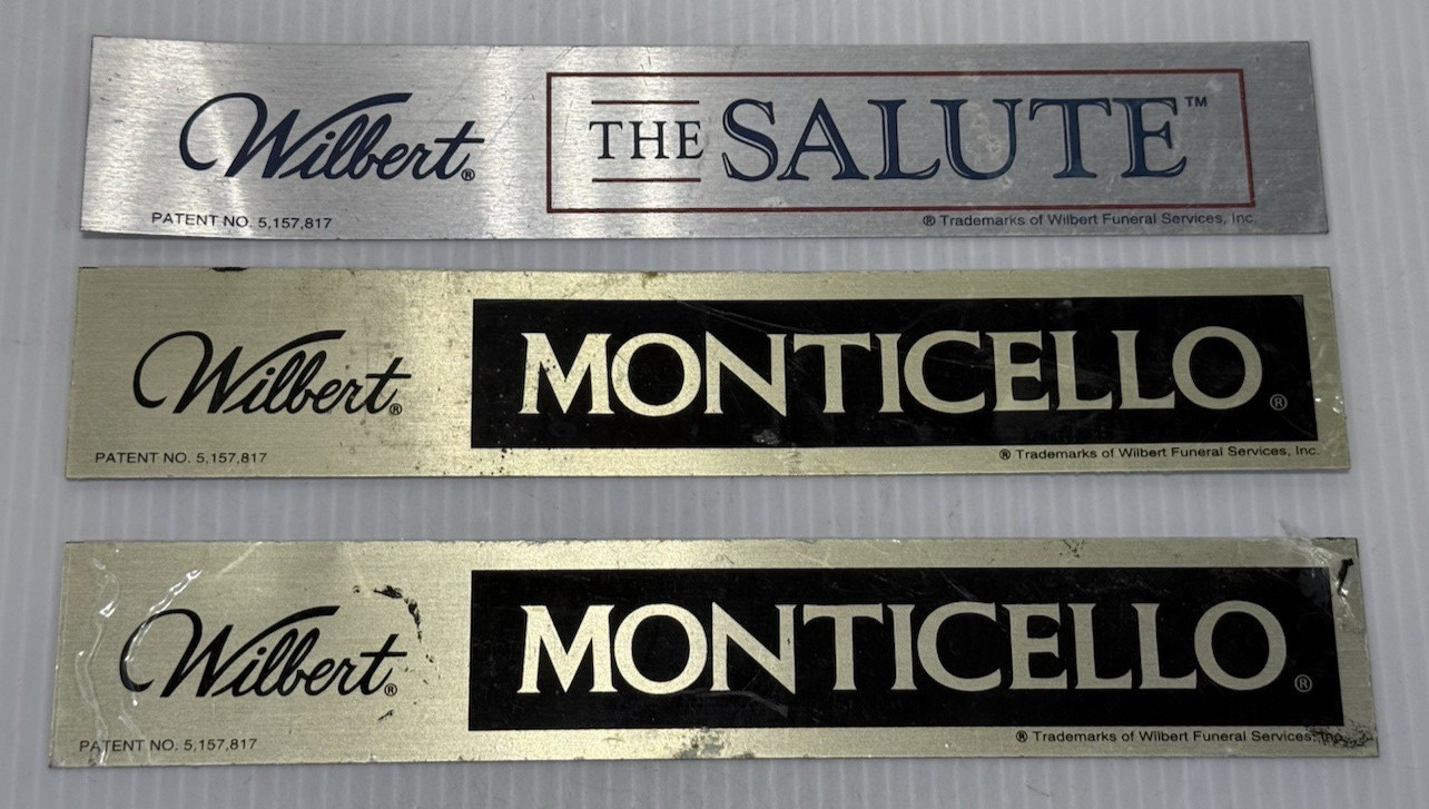 (3x) WILBERT Monticello & Salute Casket Plaque Coffin Box Plates Tags Originals