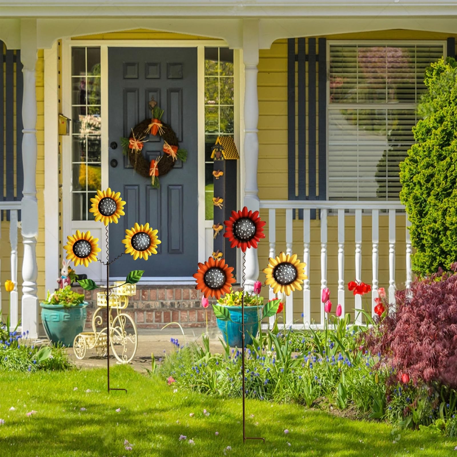 2 Pack Metal Sunflowers Decorative Garden Stakes, 29.5 Inch Outdoor Garden De…