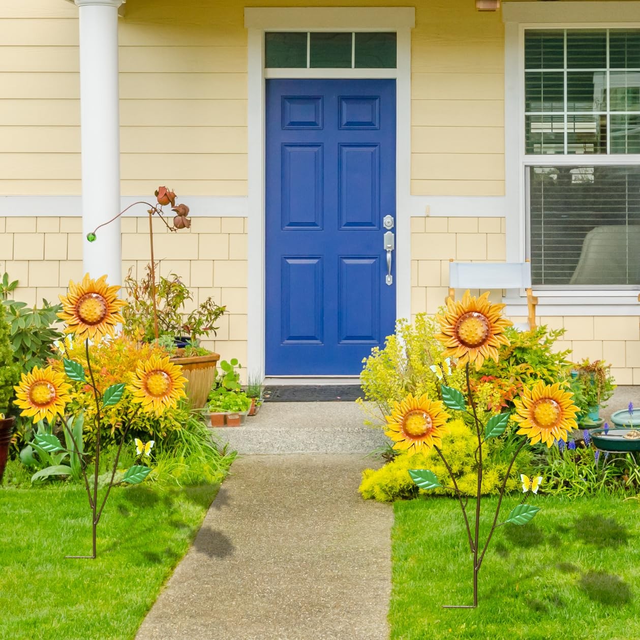 WKHOMEDECO Metal Flowers for Outside, 30-Inch Iron Sunflower Garden Stakes Se…