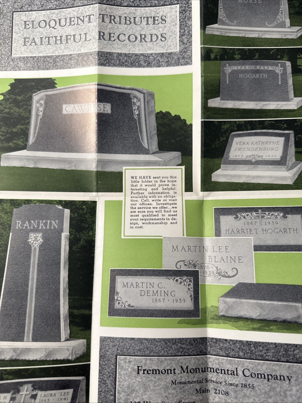 Fremont Monumental Company Ohio Monuments Funeral 1950s Cemetery Vtg Brochure