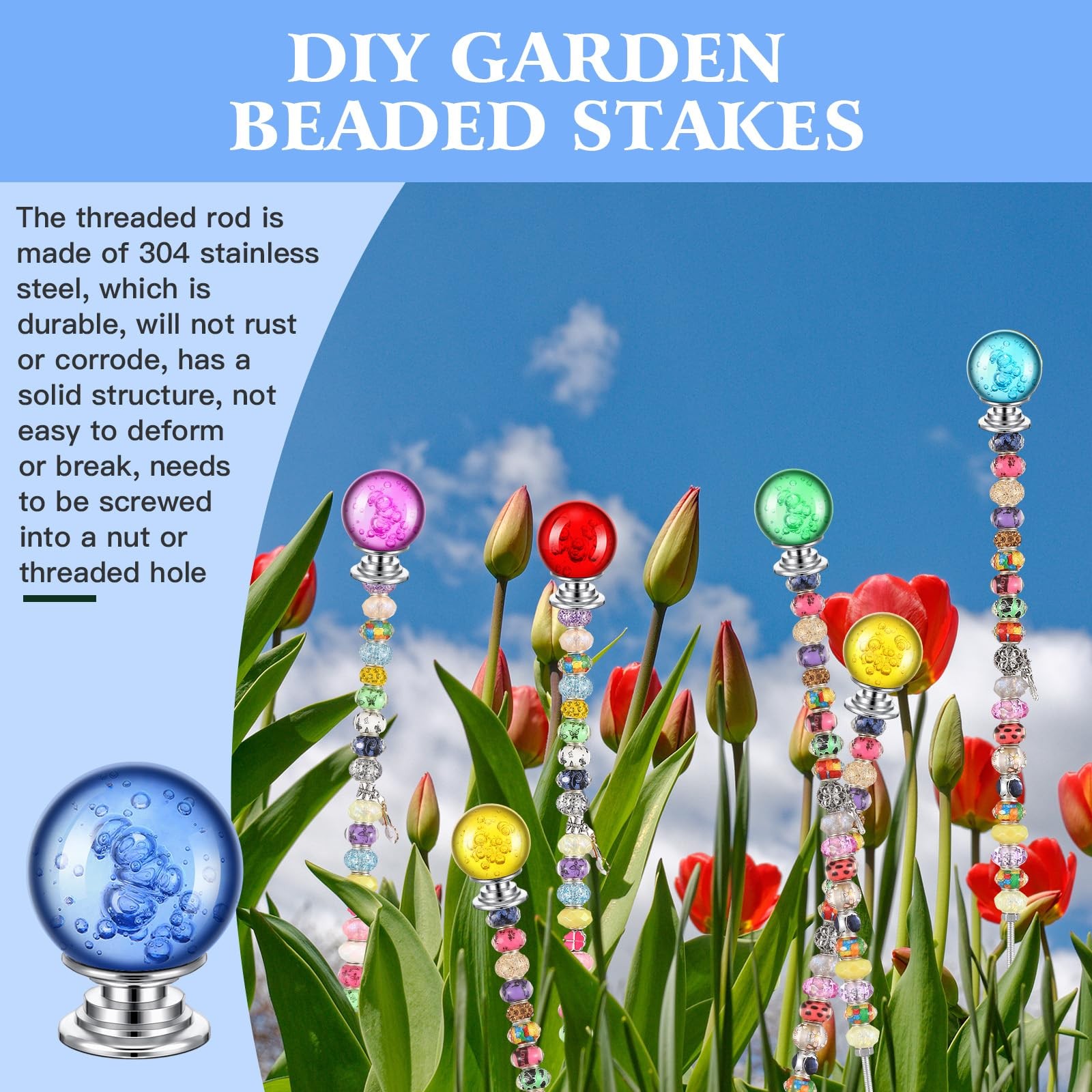 Pack of 8 DIY Mini Garden Beaded Stakes Wands Kit Include 8 Pcs Threaded Rods…